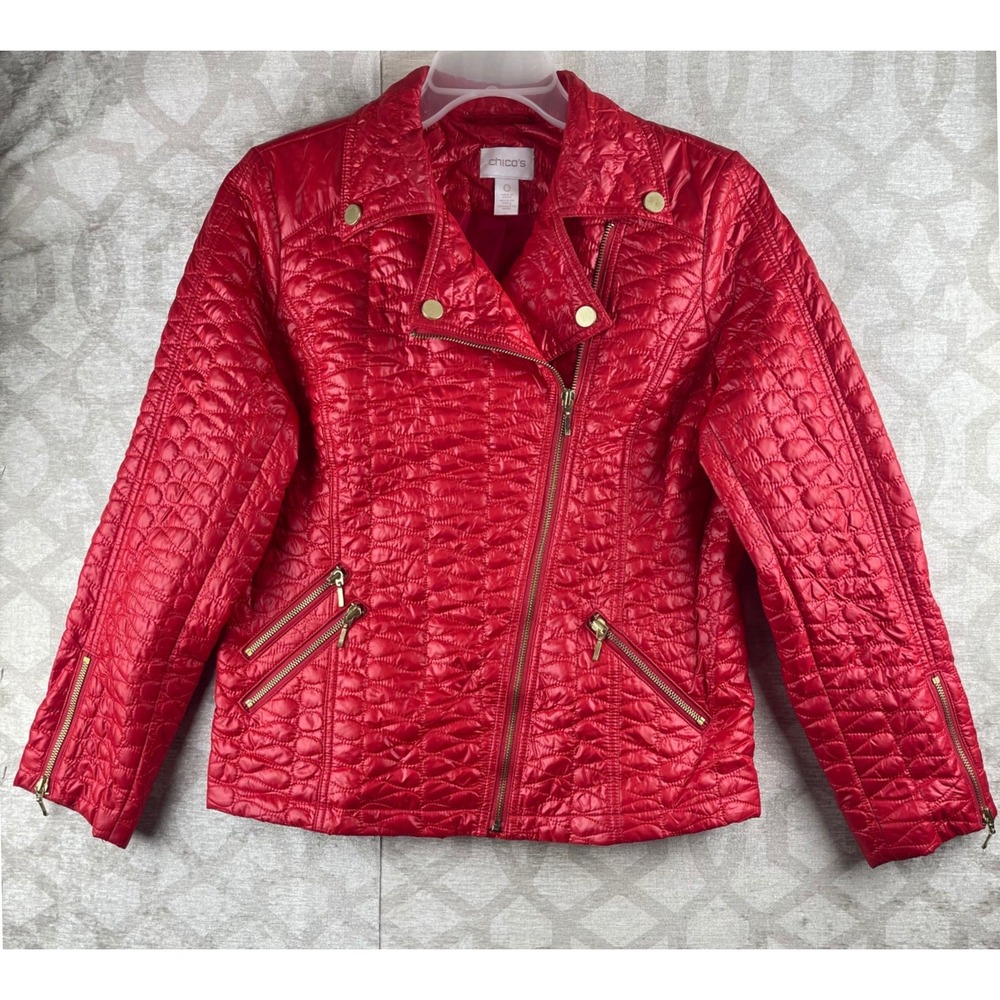 Chico's Quilted Moto Jacket Women Size 0 Small Red Asymmetrical Zip Polyester